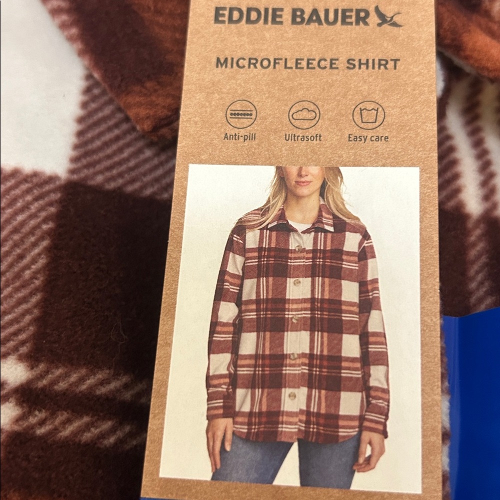 Eddie Bauer Plaid Button Down Shirt Micro fleece Brown and White M, L NWT